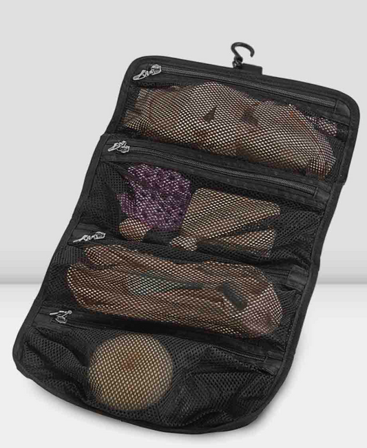 Black dance shoe bag with mesh compartments for accessories 